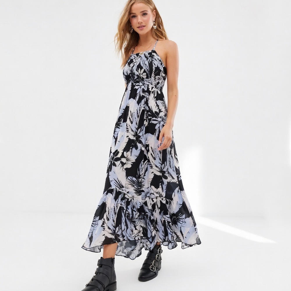 Intimately Free People Heat Wave Smocked Maxi Dress Black Blue Floral Medium
